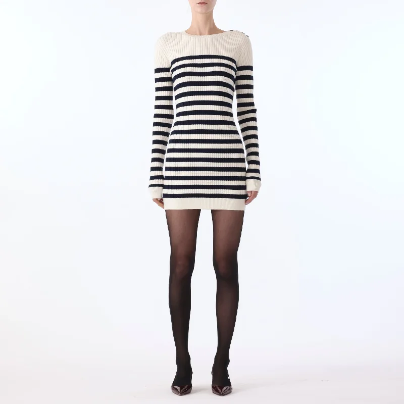 L/S CREW NECK STRIPED KNIT DRESS w/ BUTTON DETAIL