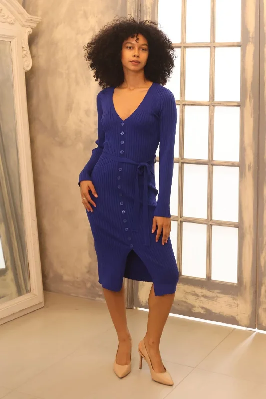 Petite Button Down Knit Dress (Royal Blue)