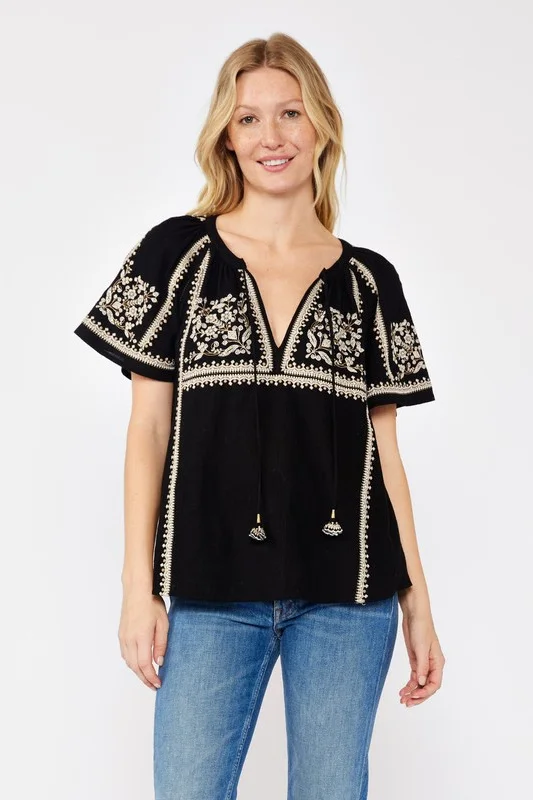 Jolene Short Sleeve Embroidered Floral Top Black