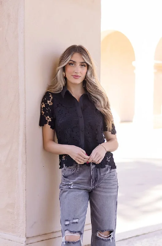 Jordyn Short Sleeve Button Down Floral Lace Top Black