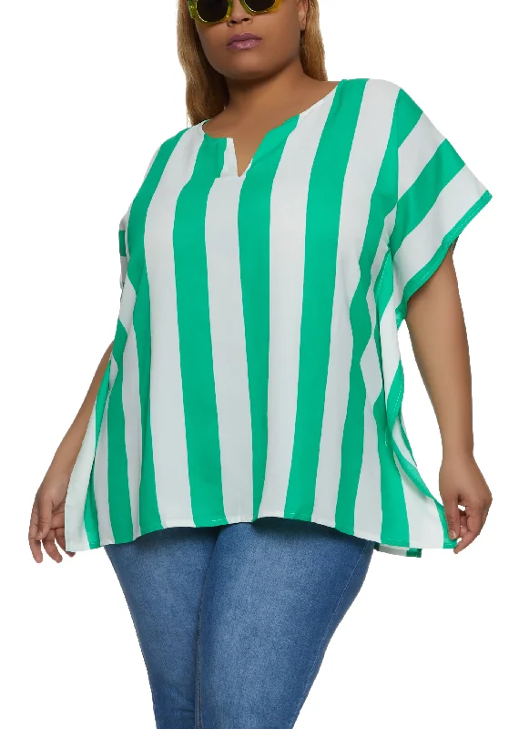 Plus Size Striped Notch Neck Blouse