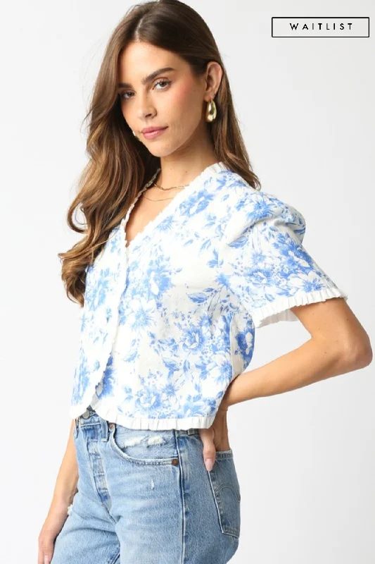 Waitlist 2/20 ♥ Paloma Short Sleeve Button Down Floral Print Top Blue