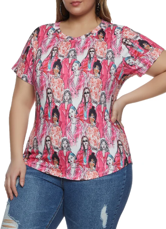 Plus Size Printed Rounded Hem Top