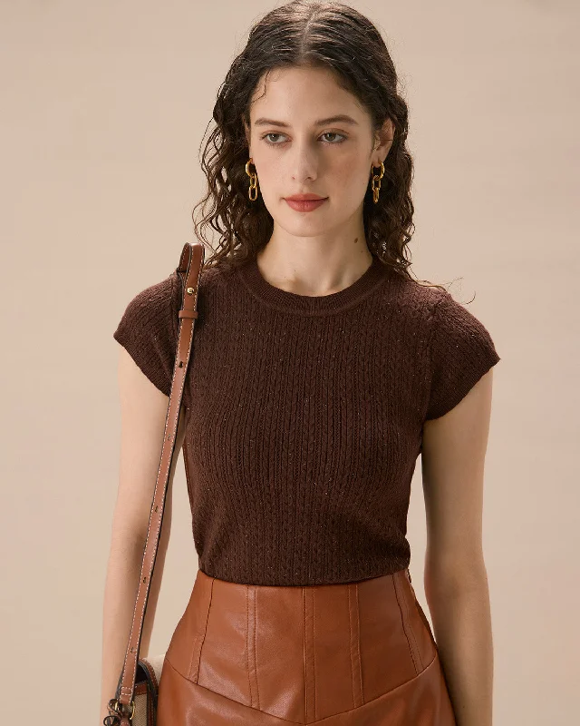 Women's Brown Crew Neck Ribbed Knit Tee