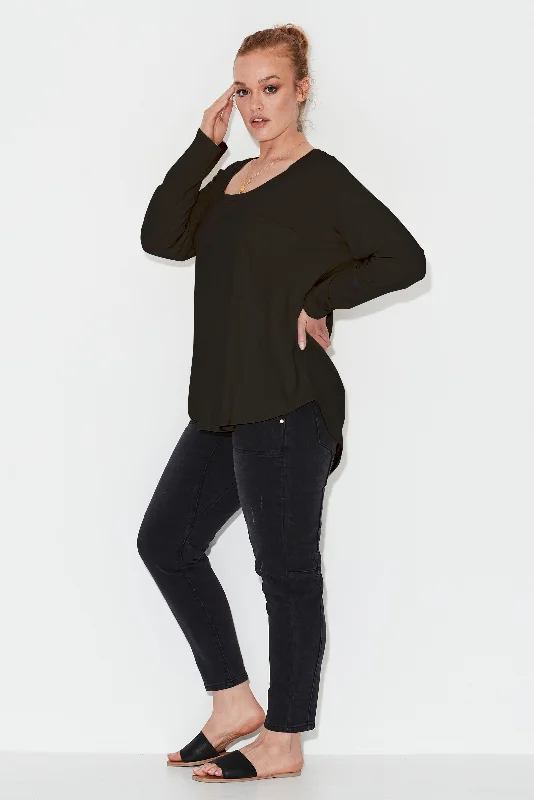 Linen Long Sleeve Longline Tee - Black