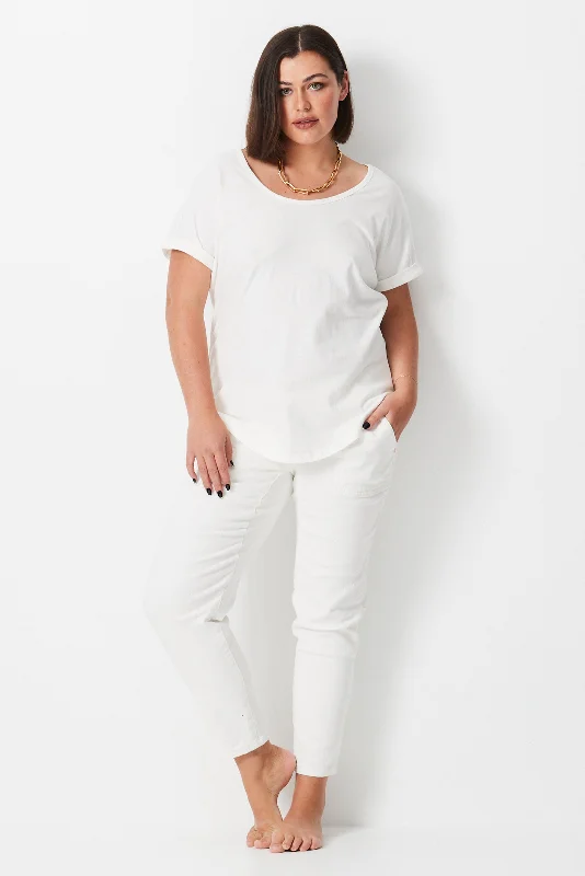 Linen Longline U Neck Tee - White