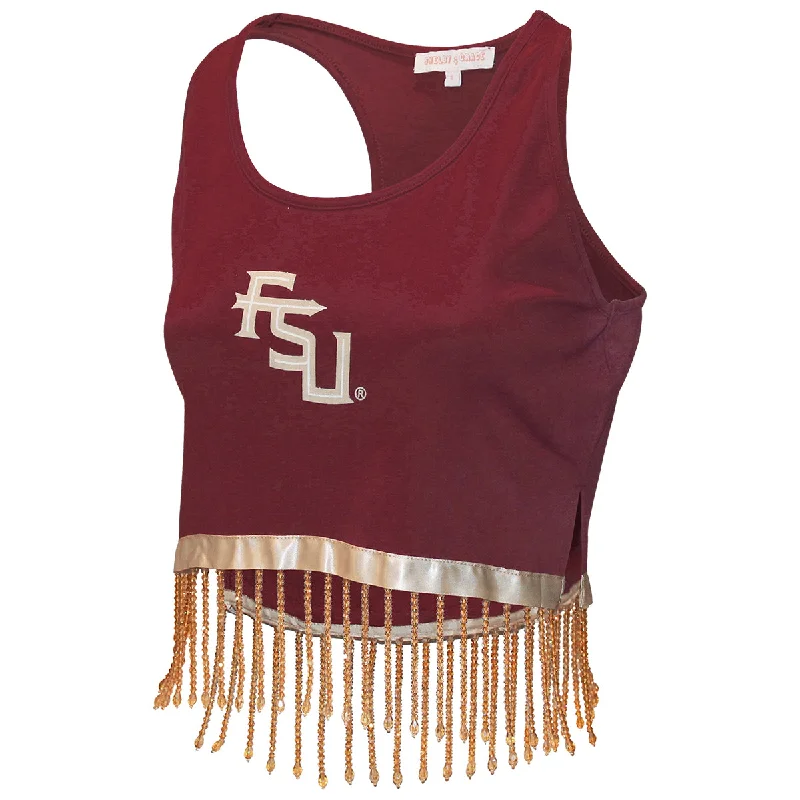 Emerson Street Women's Stacked FSU Glitter Design Rhinestone Fringe Racerback Tank - Garnet/Gold