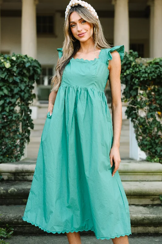 Doing It All Green Ruffled Midi Dress