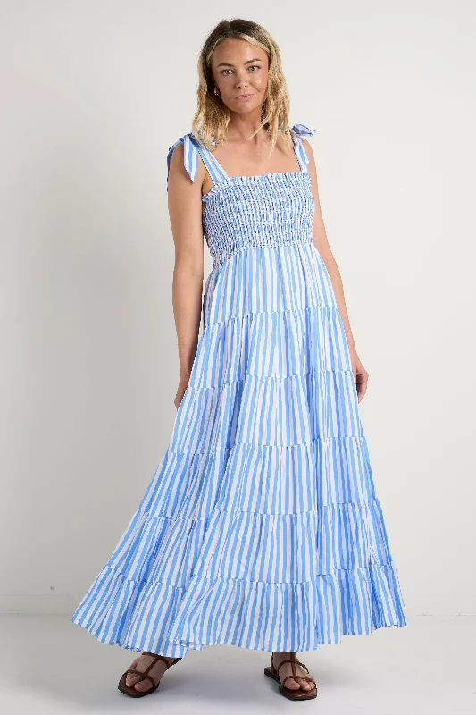 Isabella Blue White Stripe Strappy Tiered Maxi Dress