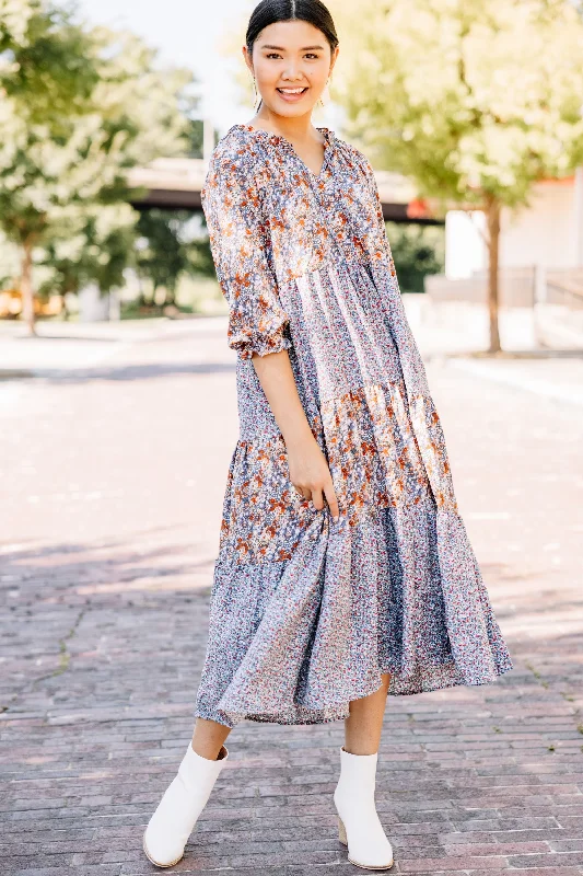 Keep Coming Back Blue Mixed Print Midi Dress