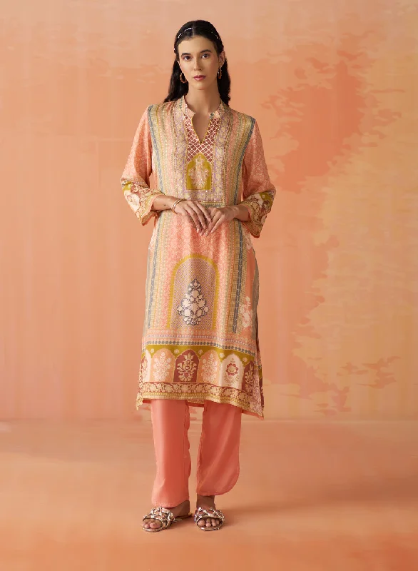 Naira Peach Printed Rayon Long Kurta for Women