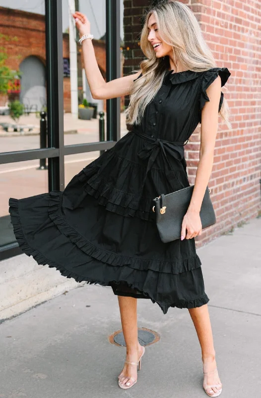 On The Verge Black Ruffled Midi Dress