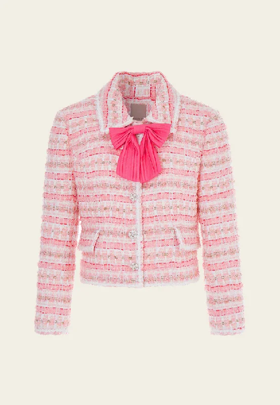 Stripe Tweed Pussy-bow Cropped Jacket