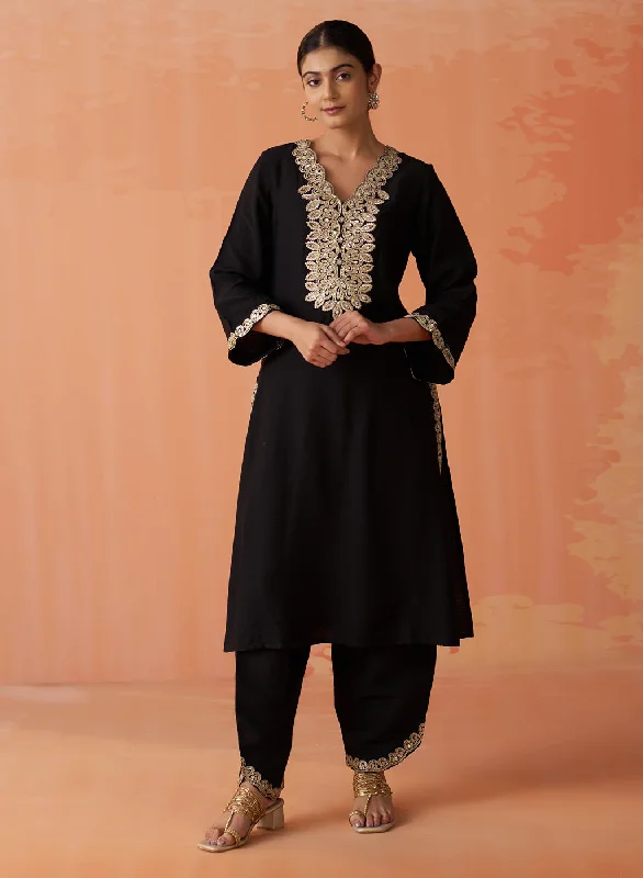 Surveen Black Embroidered Rayon Long Kurta Set for Women