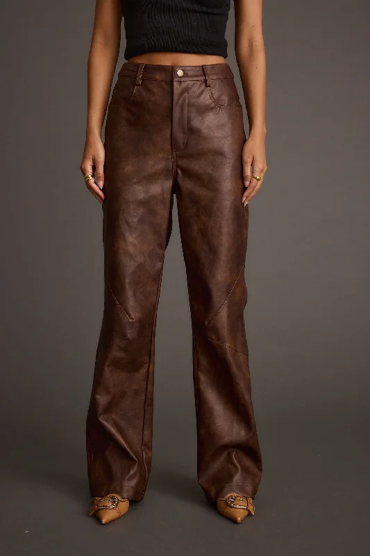 Kingsley Washed Brown Vegan Leather Straight Leg Pants